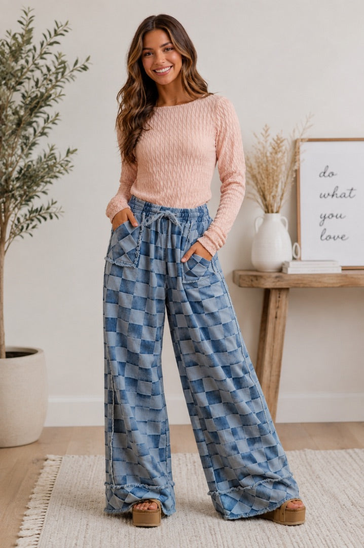 Denim Checkered Bibi Women-Bottoms, Medium